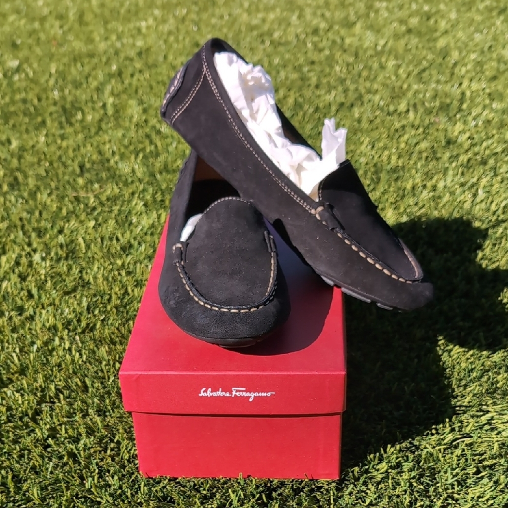 NEW Salvatore Ferragamo Black Suede Loafers Driving Moccasins "Pat"